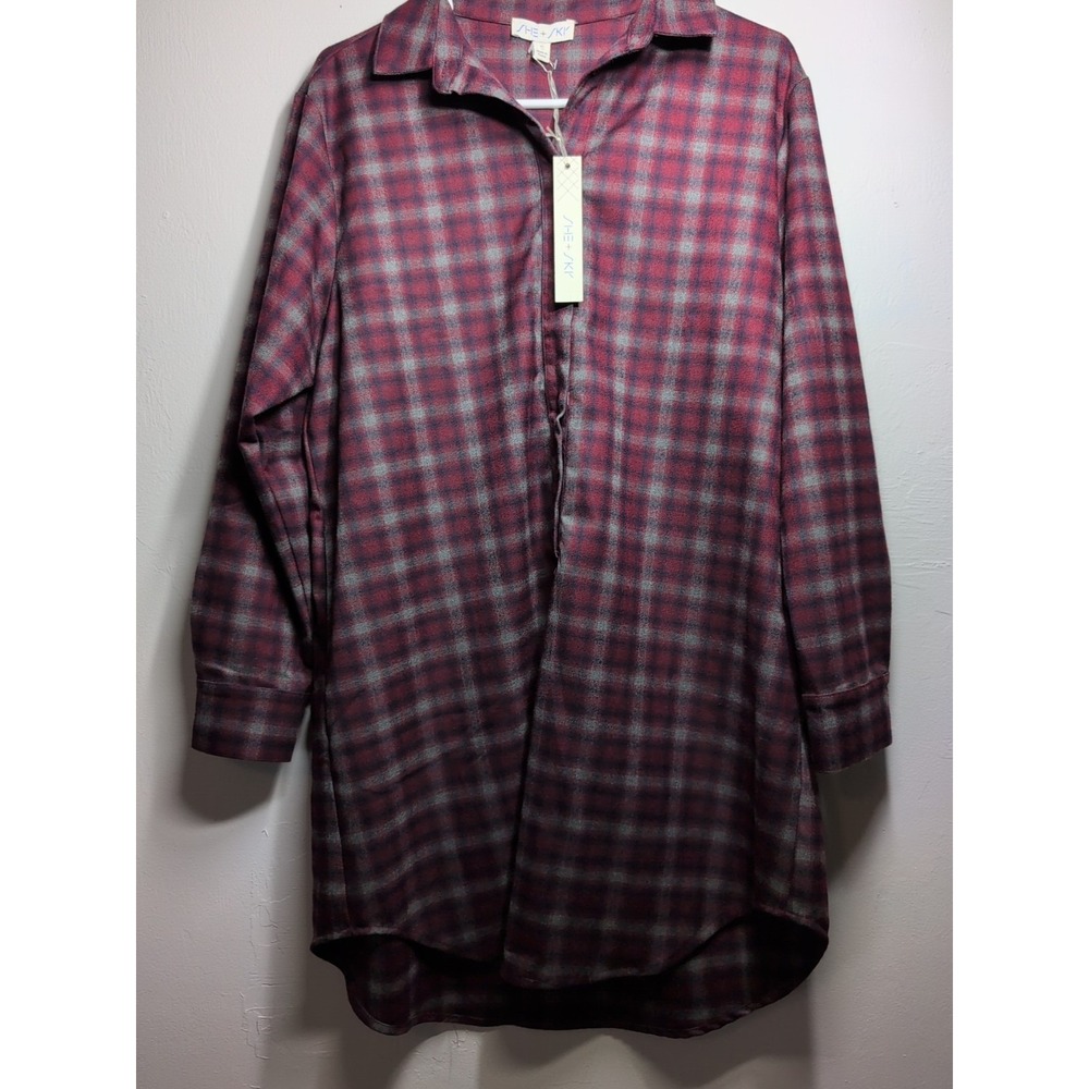 She + Sky Womens Shirt Dress Small Maroon Plaid Flannel